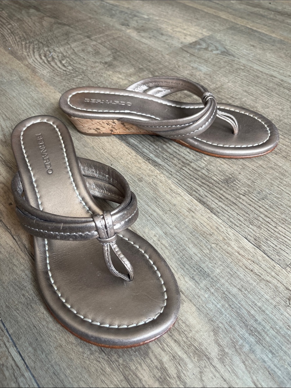 Bernardo Metallic Bronze Knot Thong Wedge Sandals